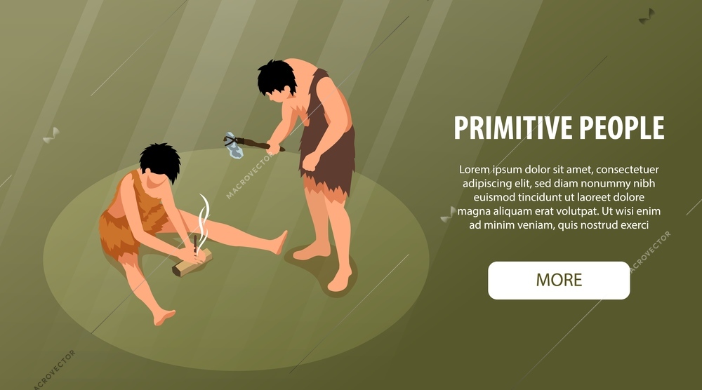 Isometric primitive people horizontal banner with editable text clickable more button and characters of prehistoric men vector illustration