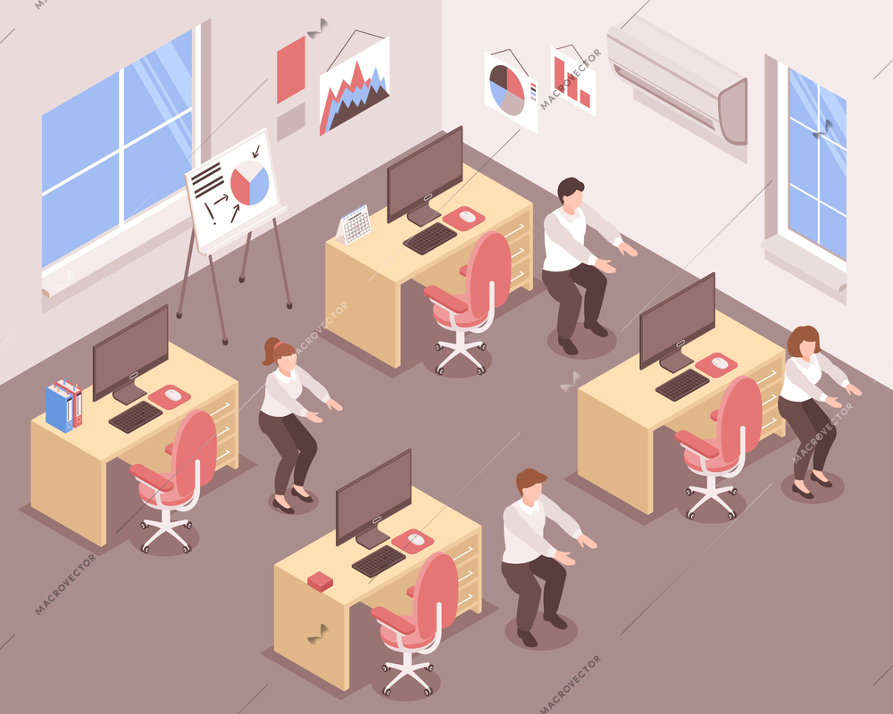 Isometric workplace workout composition four employees have temporarily left their workplaces and are exercising vector illustration