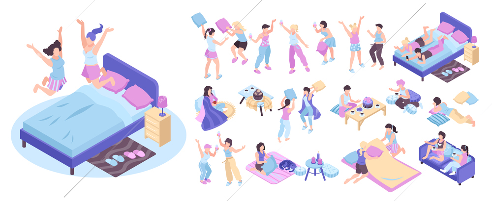 Isometric pajamas icon set girlie party with jumping on beds in pajamas pillow fights wine and cake party dancing vector illustration