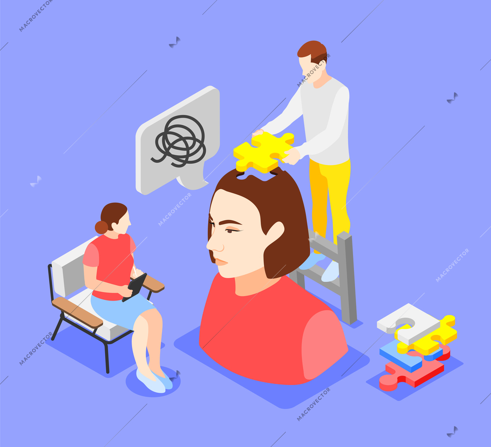 Mental health isometric concept with mind problem symbols vector illustration