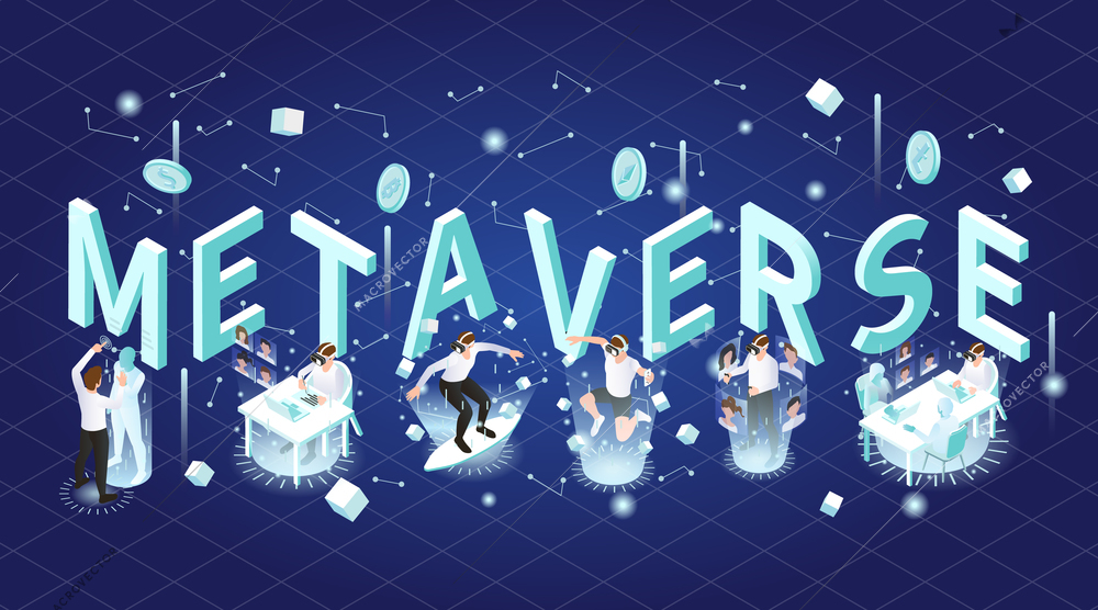 Vr metaverse isometric colored composition big headline or logo with players wearing glasses can see 3D projections vector illustration