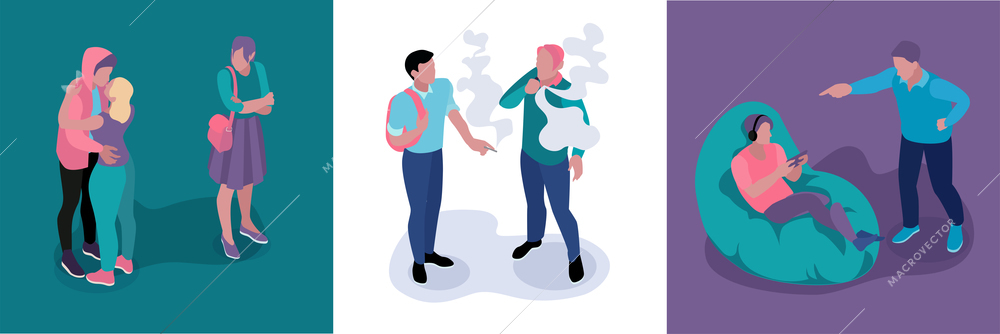 Isometric teenagers parents design concept with three square compositions of kissing smoking and arguing human characters vector illustration