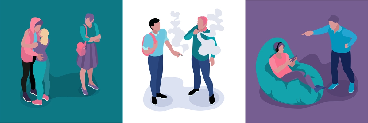 Isometric teenagers parents design concept with three square compositions of kissing smoking and arguing human characters vector illustration