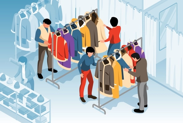 Isometric outerwear store horizontal composition with inside view of coats hanging on rails with buyers characters vector illustration