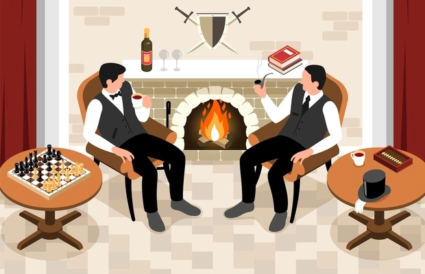 Isometric gentleman club composition with two men sitting at fireplace smoking pipes drinking tea with chess vector illustration