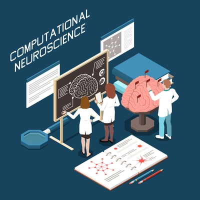 Computational neuroscience isometric composition with group of scientists working with brain model 3d vector illustration