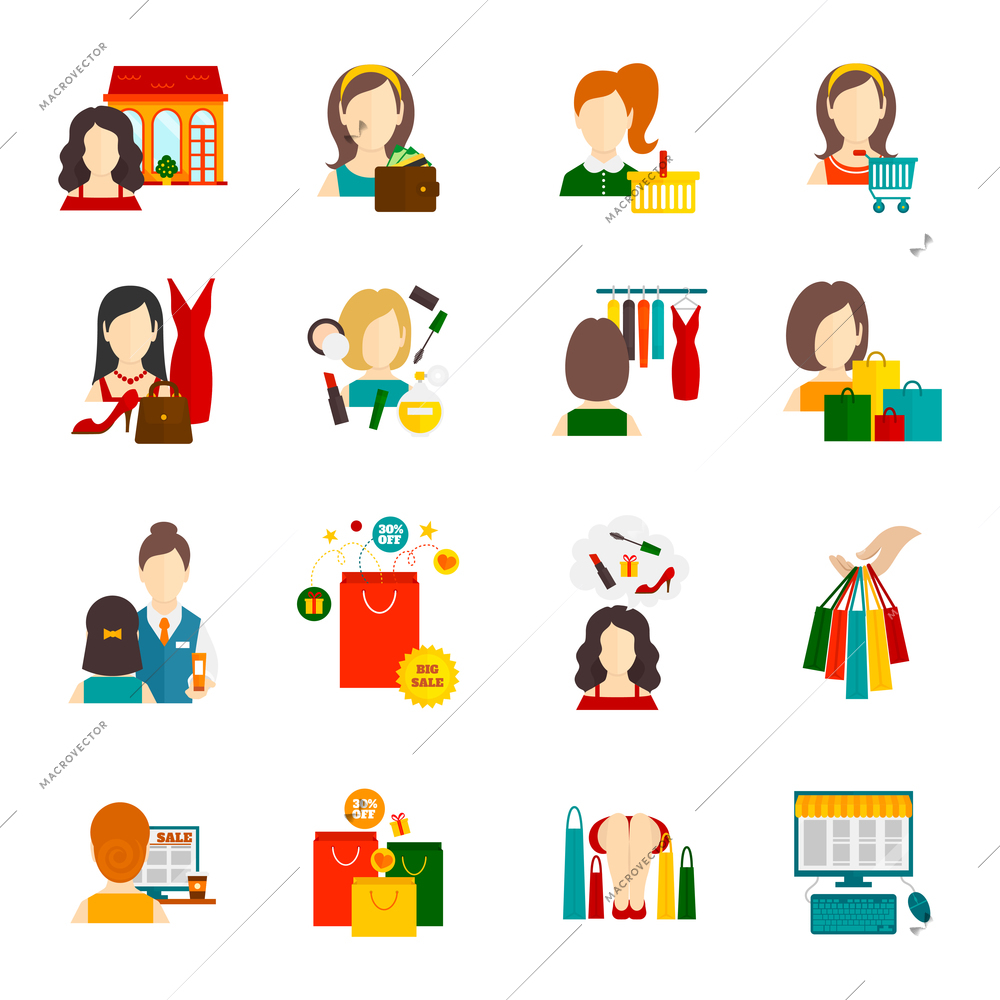 Woman shopping icon flat set with cosmetics accessories fashion symbols isolated vector illustration