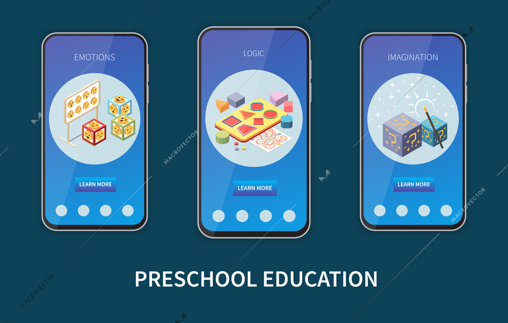 Preschool education emotional logical imagination development vertical mobile web banners set isolated on dark background 3d isometric vector illustration