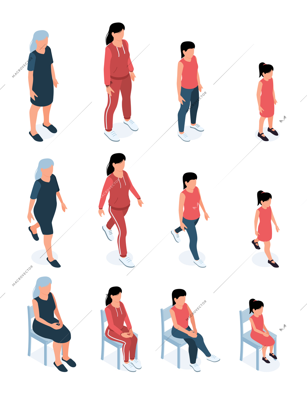 Women generations female characters set of different ages from baby to elderly isolated isometric vector illustration