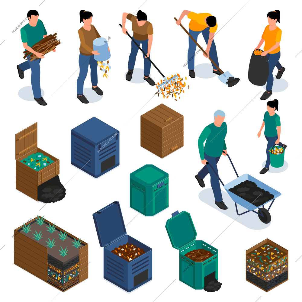 Garden composting isometric set of farmers collecting foliage branches organic waste delivering ready compost to bed in cart isolated vector illustration