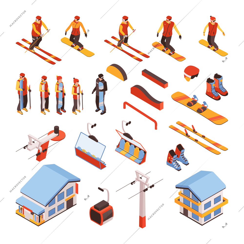 Ski resort isometric set of personal  sports inventory and elements of lifting equipment isolated vector illustration