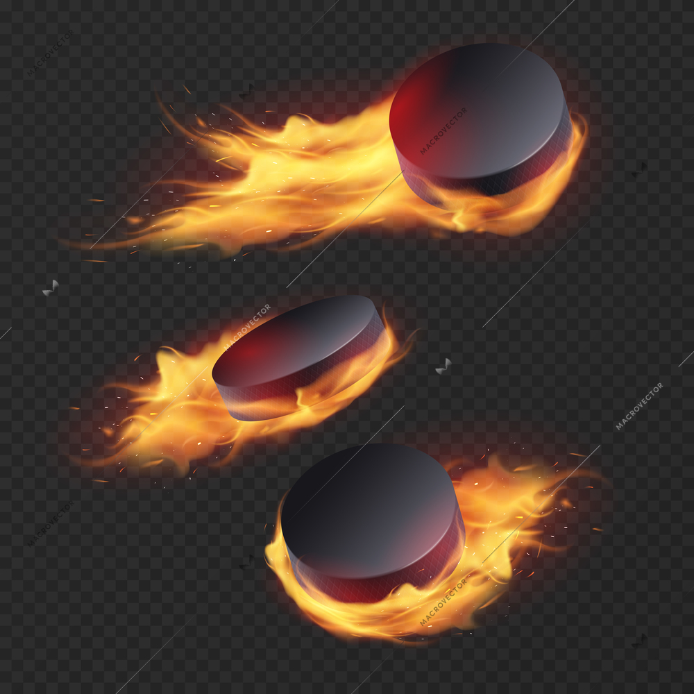 Set of three realistic black hockey pucks in fire isolated on transparent background vector illustration