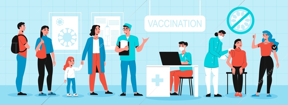 Vaccination composition with indoor scenery and horizontal view of people standing in line for vaccine shot vector illustration