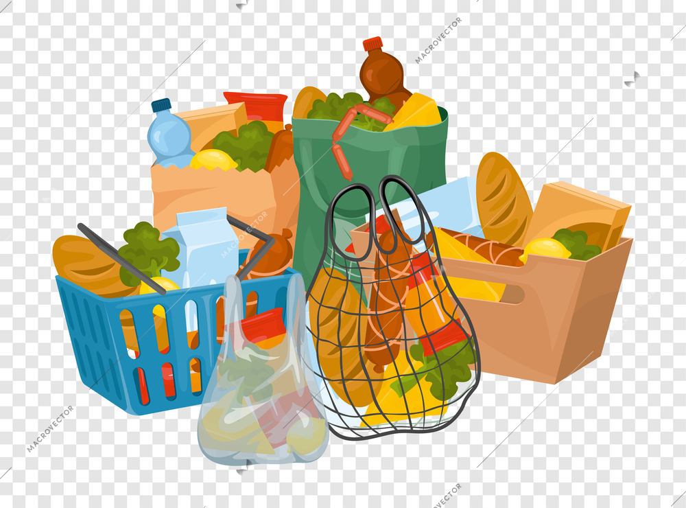 Food basket bag box composition with isolated image of pile with packed products on transparent background vector illustration