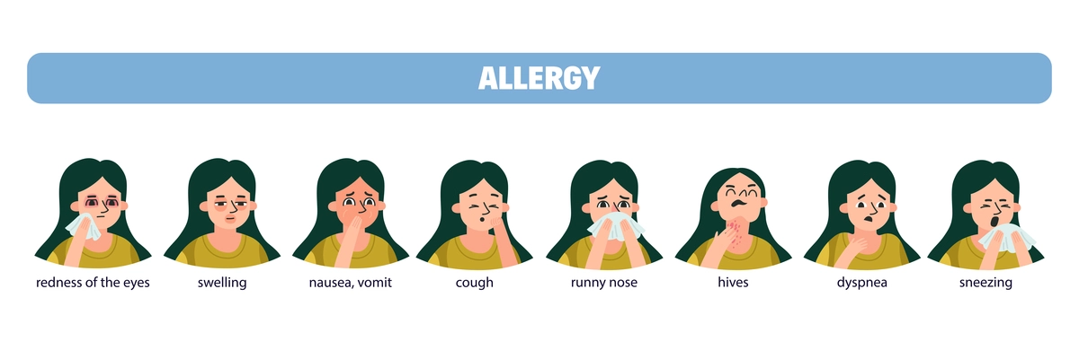 Allergy symptoms icon set with redness of the eyes swelling nausea vomit cough runny nose hives dyspnea and sneezing descriptions vector illustration