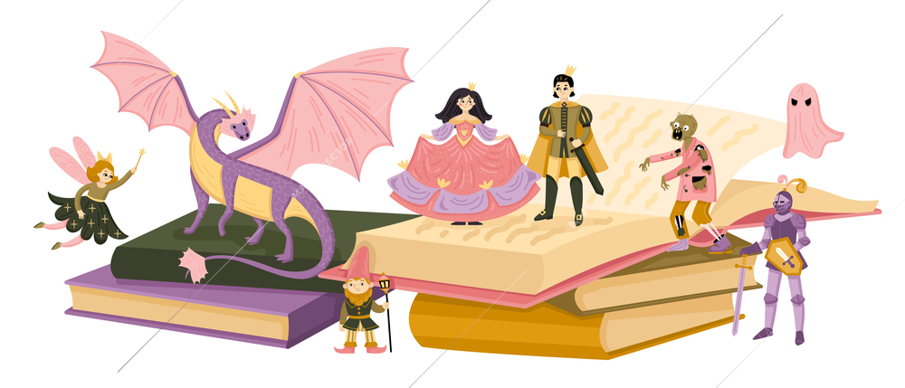 Fairy tale composition characters stand on a stack of books and next to them vector illustration