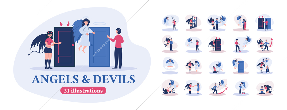 Angels devil compositions set with flat characters of people choosing doors paths making decisions with text vector illustration