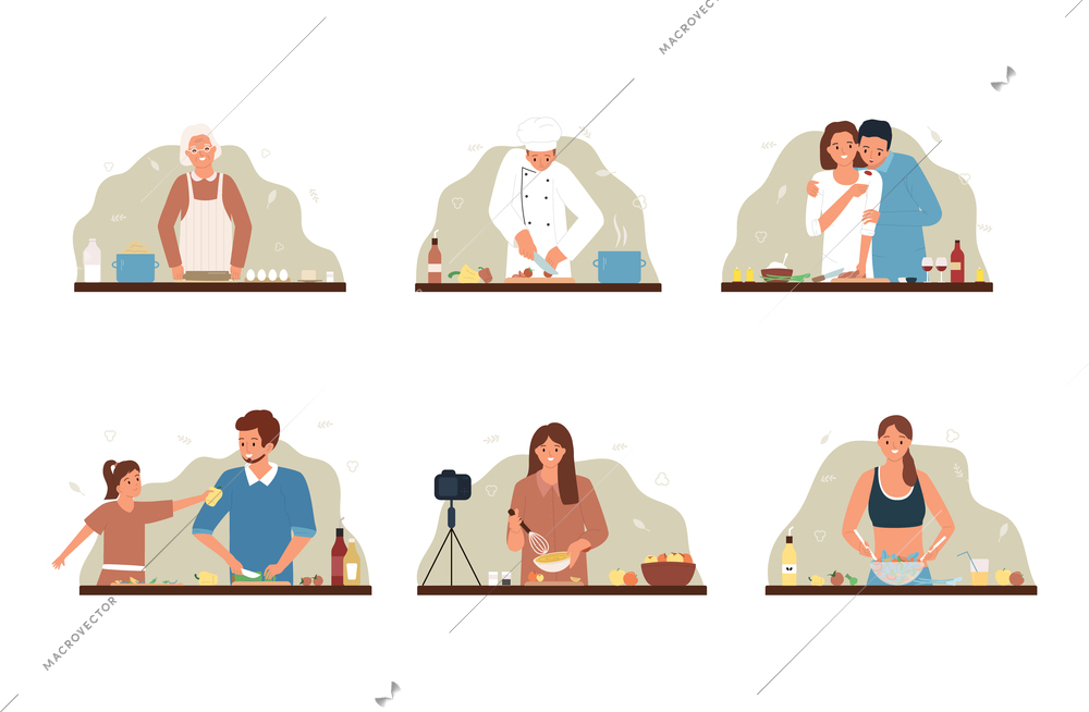 Cooking people flat set with professional chef food blogger and homemaker characters preparing healthy meal isolated vector illustration