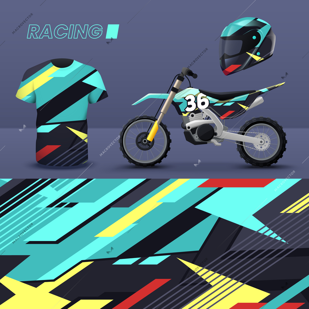 Racing motorbike t shirt helmet livery realistic mockup with abstract geometric background design isolated vector illustration