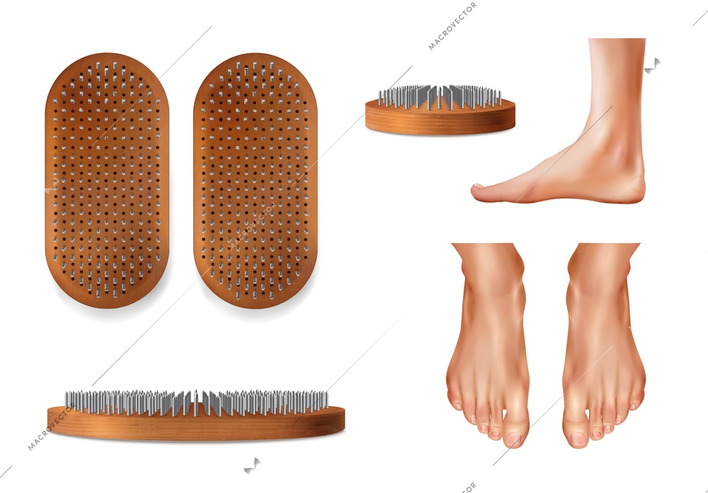 Realistic yoga sadhu boards icon set with feet and bed of sharp nails in profile and top view vector illustration