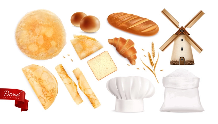 Bread big realistic set of loaf croissant cracker bun pancakes bakery products isolated on white background vector illustration