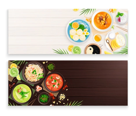 Thai cuisine food horizontal banners with set of seafood and meat dishes and desserts flat vector illustration