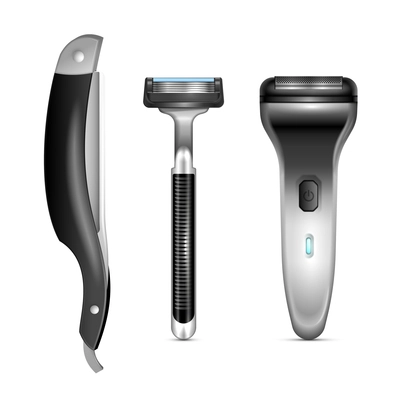 Realistic set of male razors with classic and electric blades isolated vector illustration