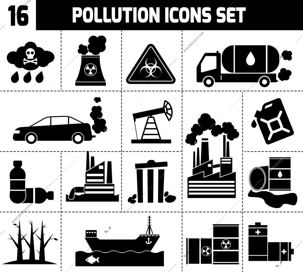 Pollution icons black set with garbage factories cars smoking plants isolated vector illustration