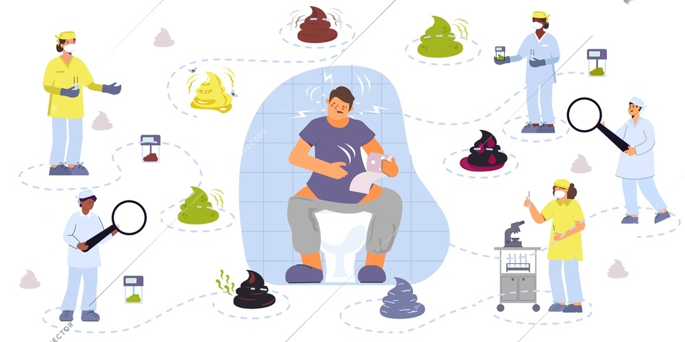 Poop composition with flat isolated icons of colorful poop piles characters of doctors and suffering patient vector illustration