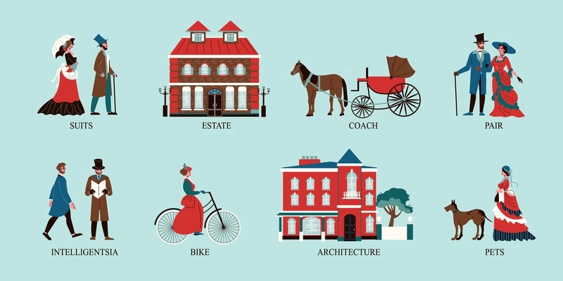 Victorian era set of estate coach bike suits flat compositions isolated vector illustration