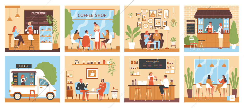 Coffee shop set with eight isolated compositions containing indoor and outdoor views of cafeterias with people vector illustration