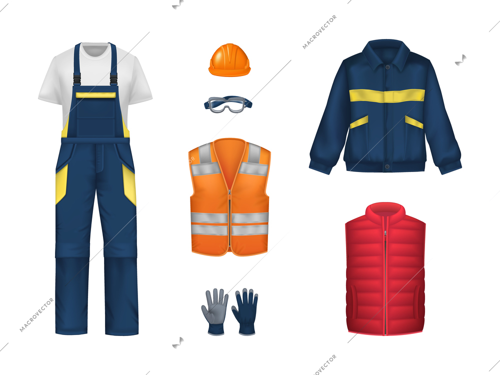 Workwear uniform realistic set with isolated images of luminous vest overall shirt gloves and hard hat vector illustration