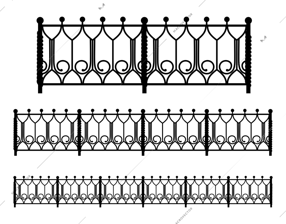 Steel fence vintage construction realistic set isolated on white background monochrome vector illustration