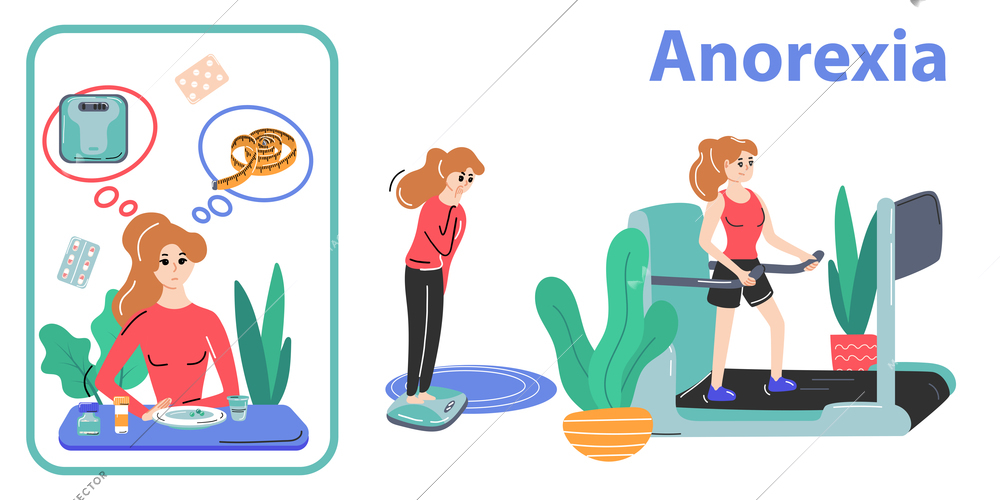 FP eating disorders flat infographics with female character checking weight avoiding food and running on treadmill vector illustration