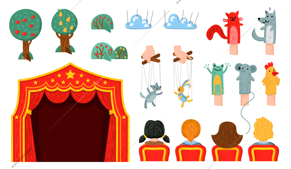 Children puppet theater color set with isolated icons of stage curtains decorations and puppets on strings vector illustration