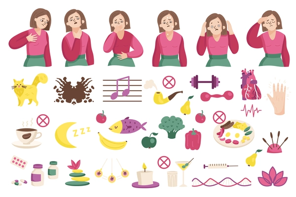 Panic attack color set with isolated icons of causes prohibition signs and female characters expressing emotions vector illustration