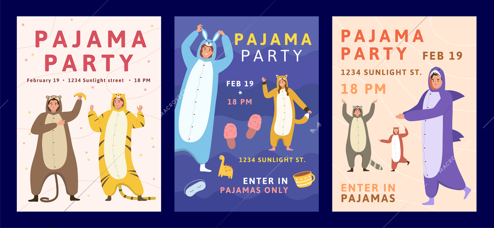 Kigurumi pajama party invitation cards set in flat style with happy people wearing pyjamas on color background isolated vector illustration