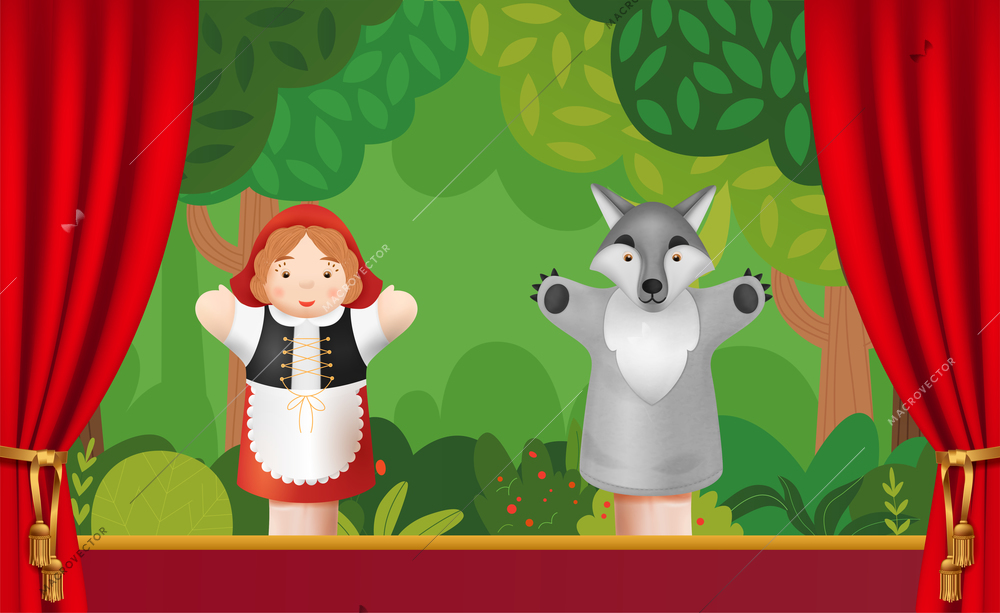 Realistic red riding hood puppet theater show with two hand toys on stage vector illustration