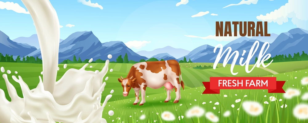 Fresh natural farm milk realistic horizontal poster with milky splashes and cow on green meadow vector illustration