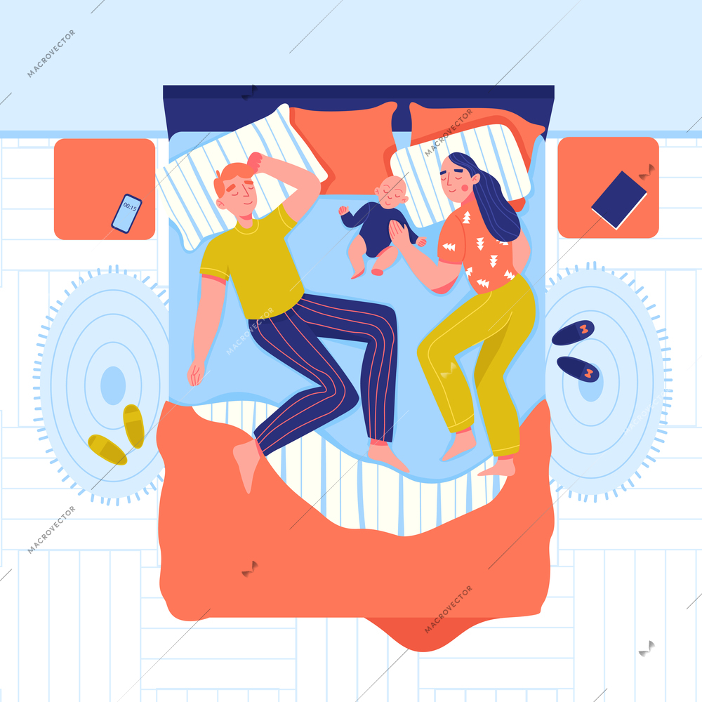 Parents sleeping in bed with their baby top view flat vector illustration