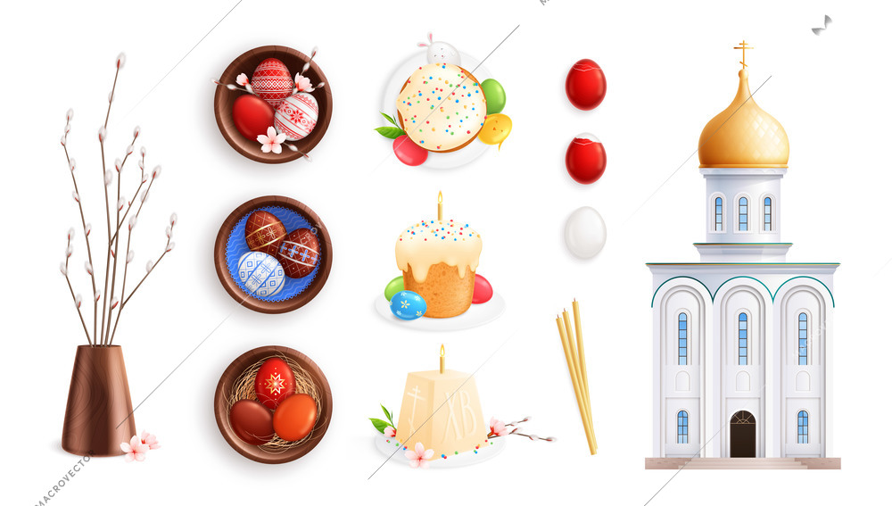 Orthodox easter realistic set with isolated images of painted eggs sweets sprout and small church building vector illustration