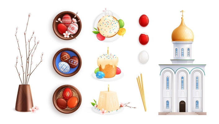 Orthodox easter realistic set with isolated images of painted eggs sweets sprout and small church building vector illustration