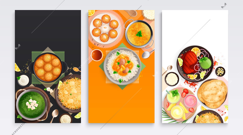 Indian cuisine set of flat cards with three isolated compositions of dishes on solid color background vector illustration