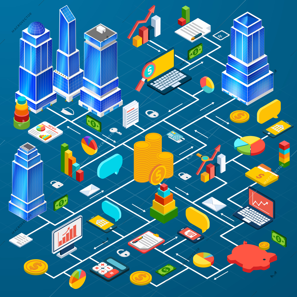 Residential and industrial downtown high rise buildings blocks city center development prototype planning 3d infographic elements composition