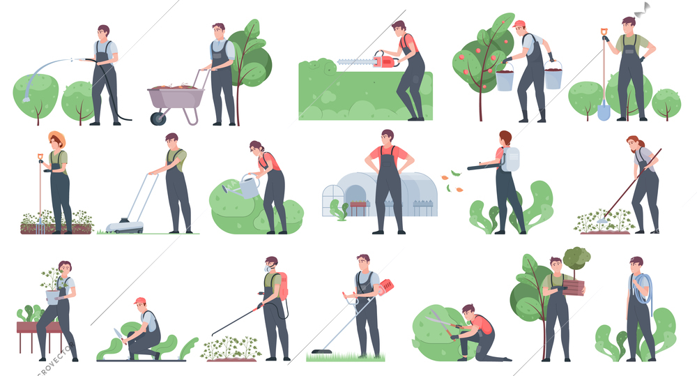 Garden tools and people icon set with flat isolated human characters of gardeners performing different works vector illustration