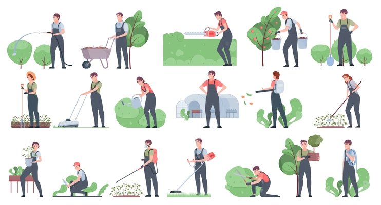 Garden tools and people icon set with flat isolated human characters of gardeners performing different works vector illustration