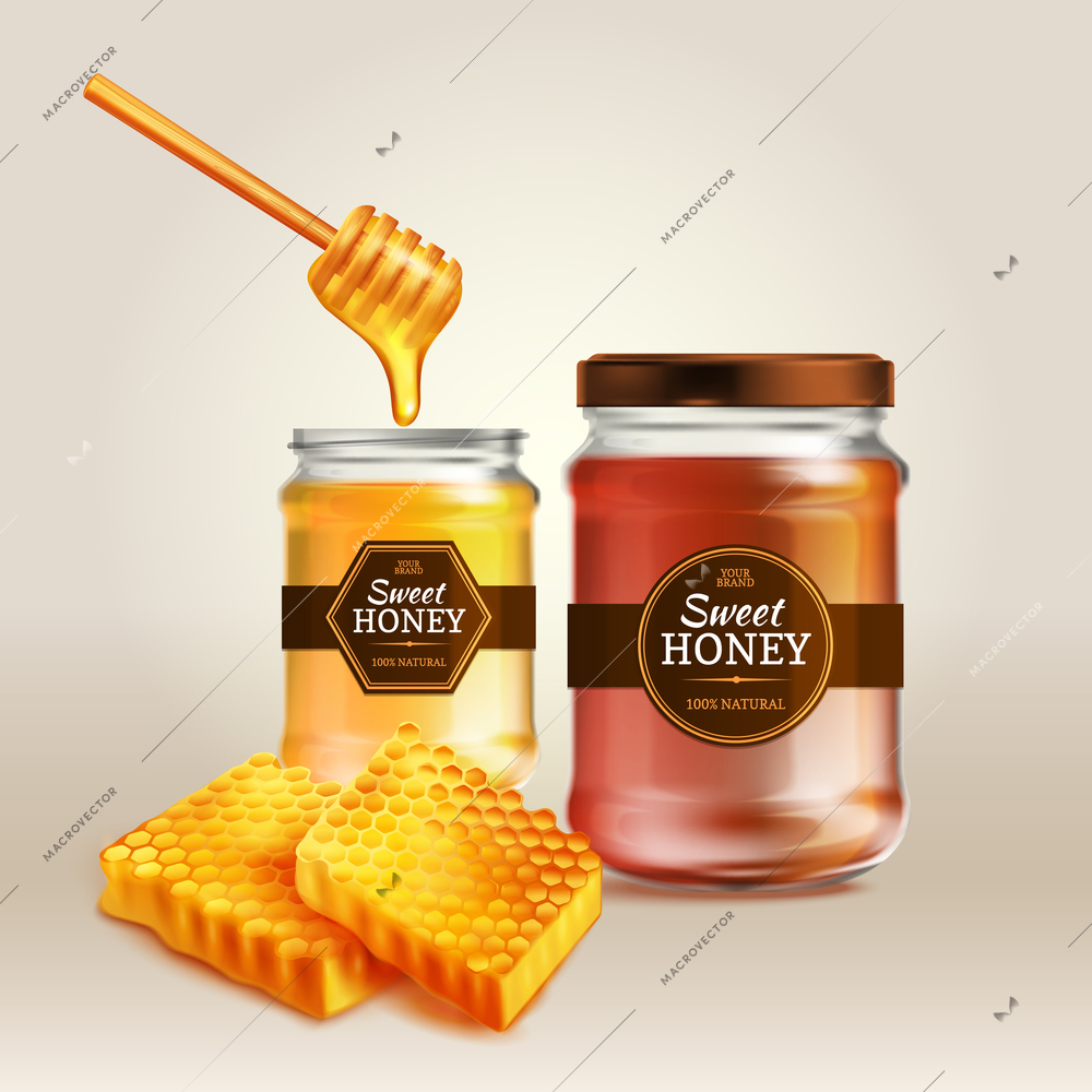 Glass jars with fresh honey with wooden spoon and honeycomb pieces realistic background vector illustration