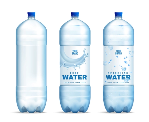 Realistic plastic water bottle mockup set of three isolated views of storage containers with branded cover vector illustration