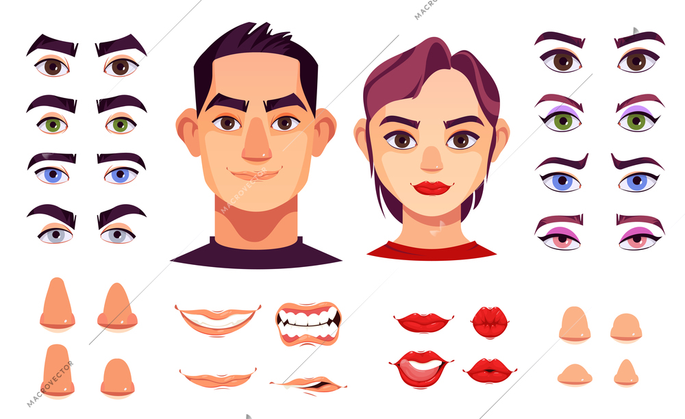 Woman and man face constructor elements with different colors and forms of eyes brows lips and noses cartoon vector illustration