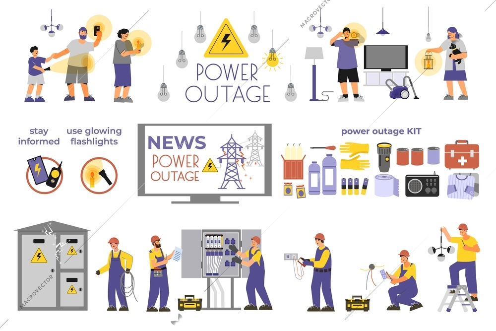 Power outage set with flat isolated icons of power lines sockets and professional workers with clients vector illustration